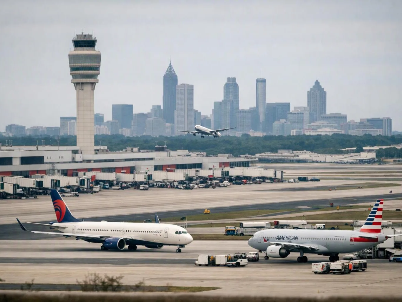 Airplanes sit on a busy runway beside a tall control tower, with a city skyline in the distance