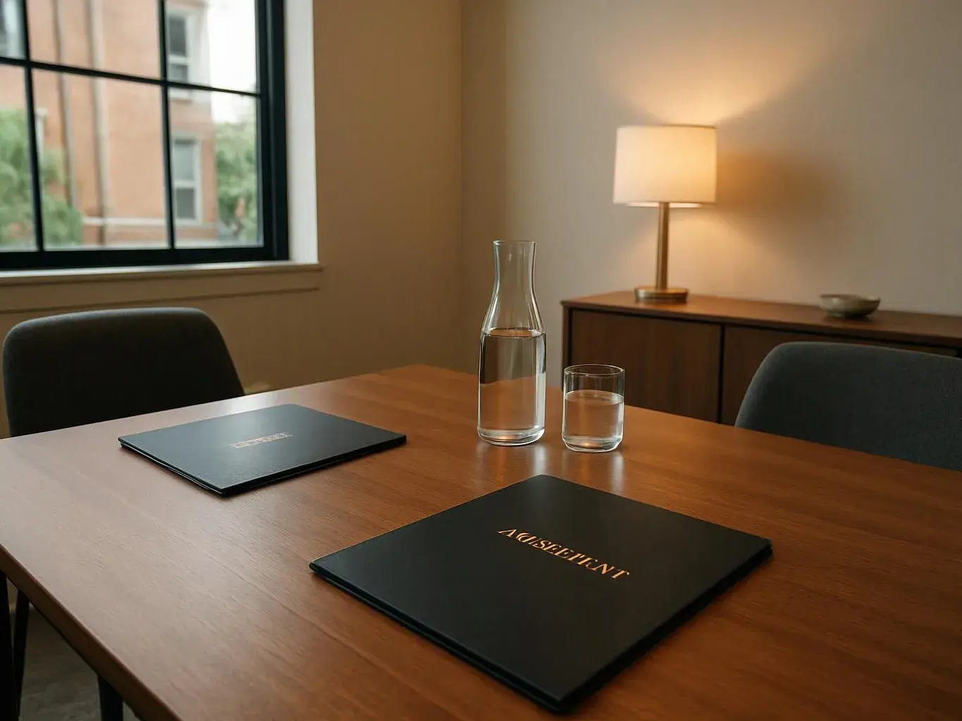 A quiet meeting room shows a wooden table with black folders, a water carafe, a glass, and a lit lamp