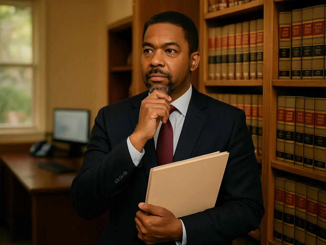 A man in a suit stands in a , holding papers and resting his chin on his hand