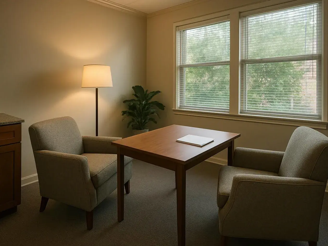 A quiet office has two armchairs, a wooden table, a lit floor lamp, and a plant by the window