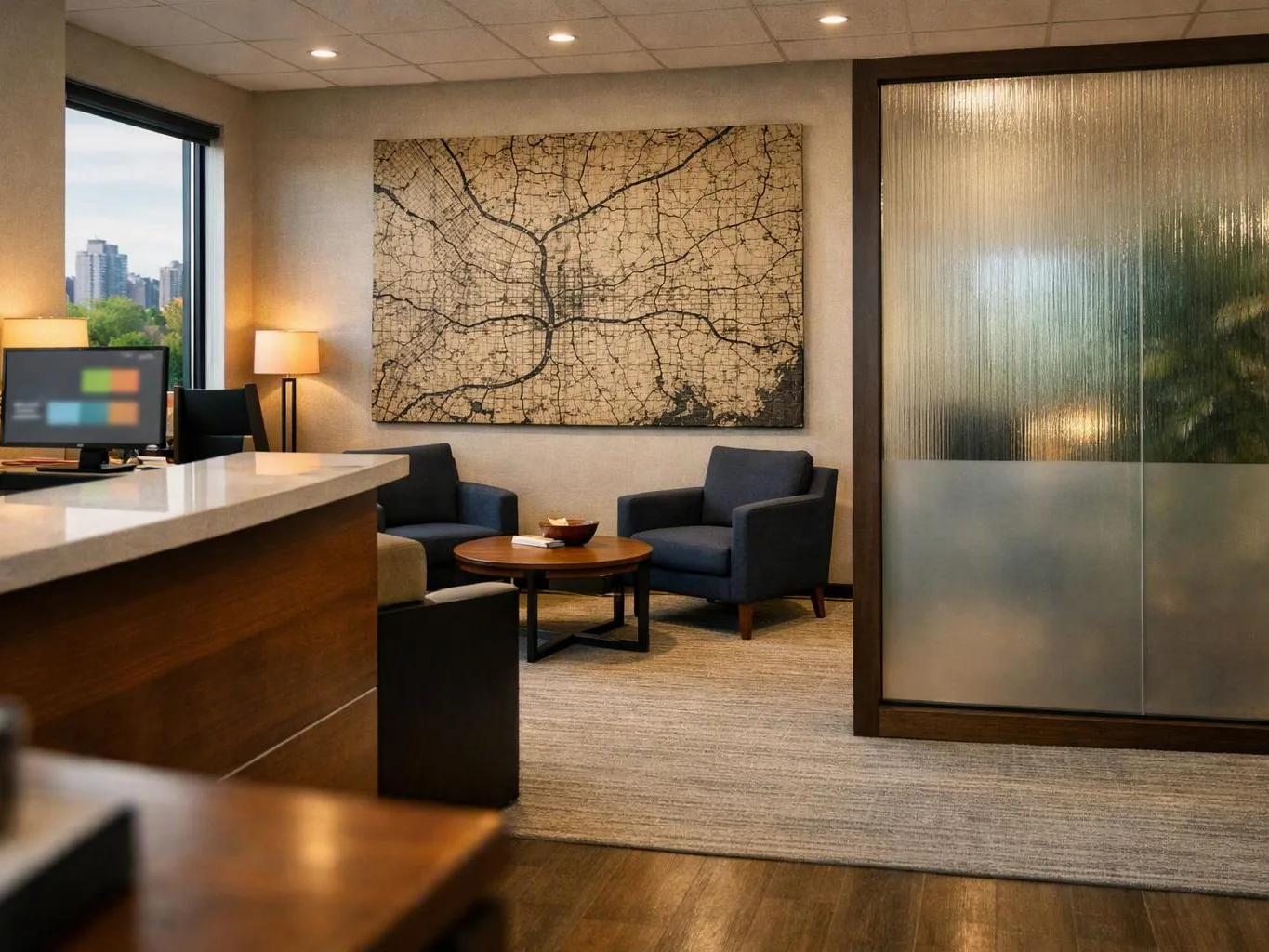 A quiet office lobby shows chairs, a round table, desk lamps, a city map wall art, and frosted glass panels