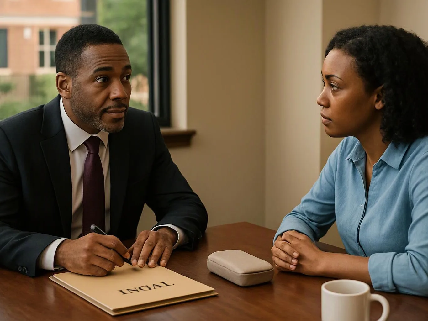 A man in a suit writes on a legal pad while speaking with a woman across a wooden table in an office