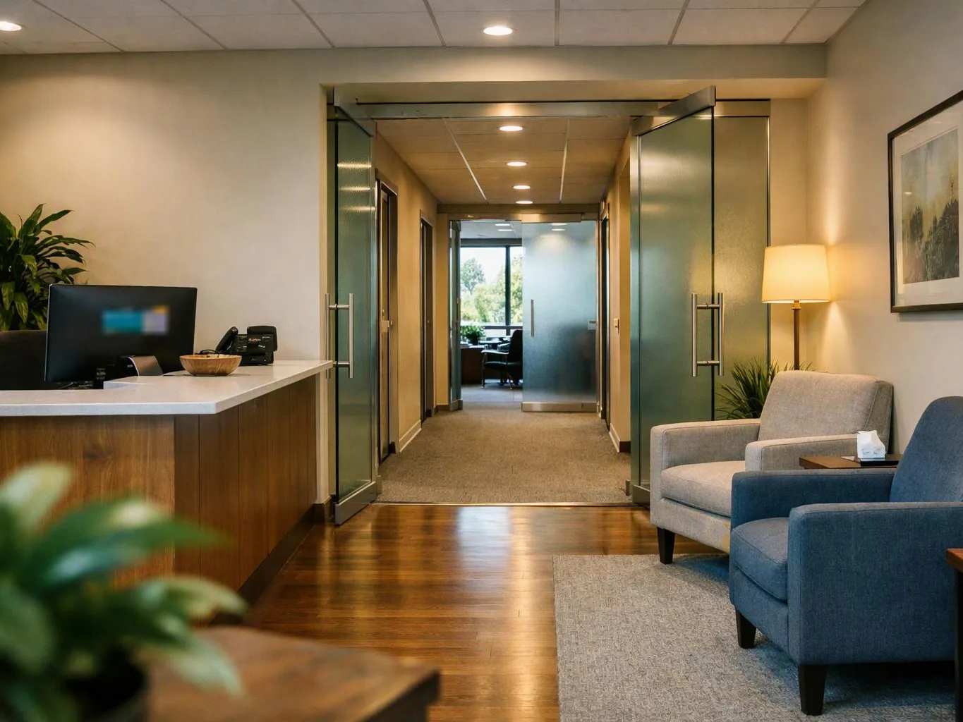 A quiet office lobby shows a reception desk, glass doors, lounge chairs, and warm lighting
