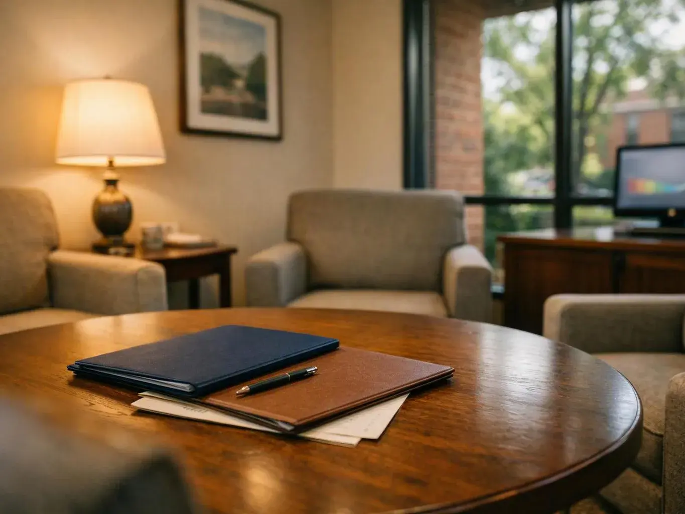 A quiet office lounge has armchairs, a lit lamp, and notebooks with a pen on a wooden table