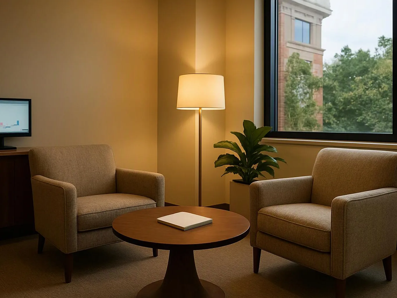 A quiet office lounge has two beige chairs, a round table, a floor lamp, a plant, and a window view of trees