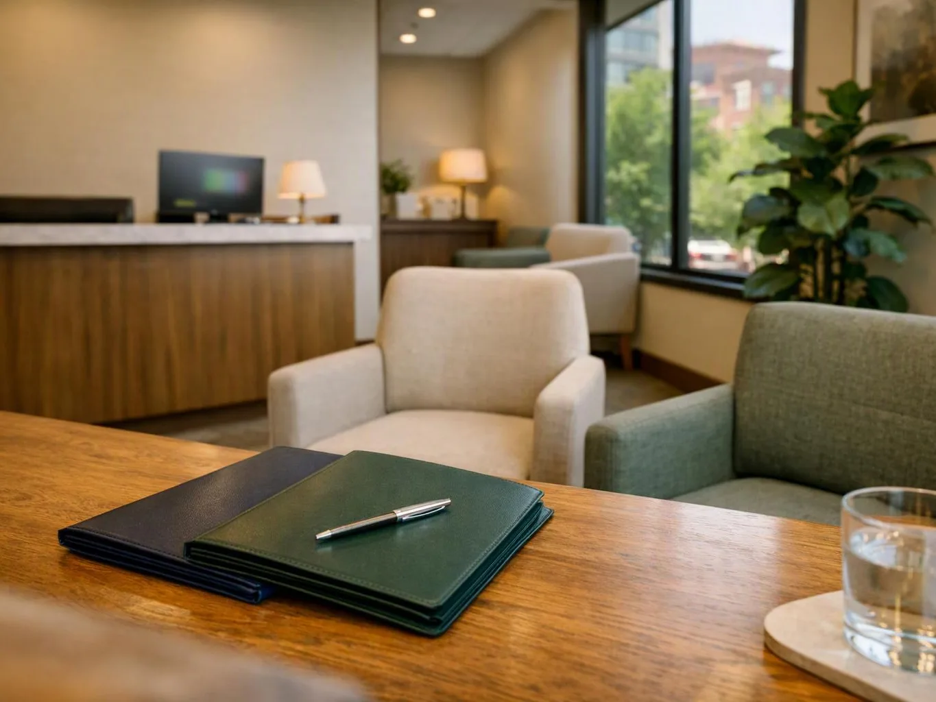 A quiet office lounge shows chairs, a reception desk, and notebooks on a wooden table
