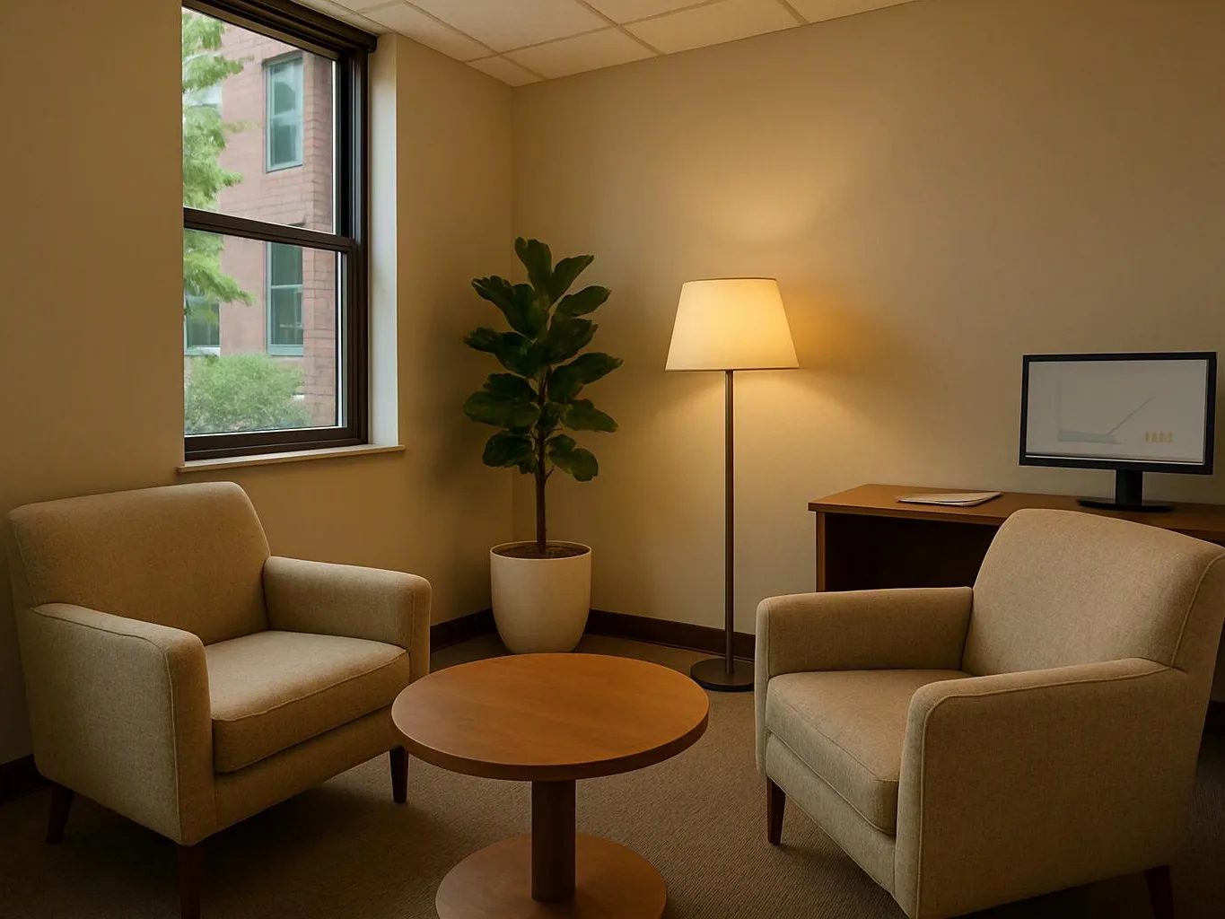 A quiet office lounge with two beige chairs, a round table, a floor lamp, a potted plant, and a desk by the window