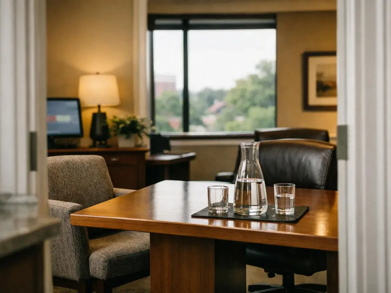 A quiet office meeting room shows a wooden table with water glasses, chairs, a lamp, and a window view