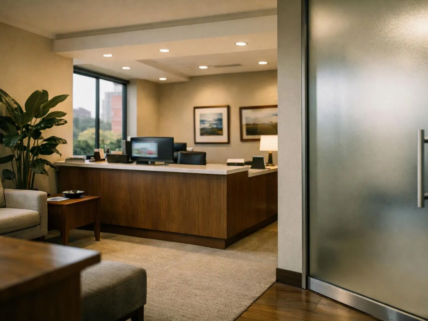 A quiet office reception area with a wooden desk, chairs, framed art, and frosted glass door