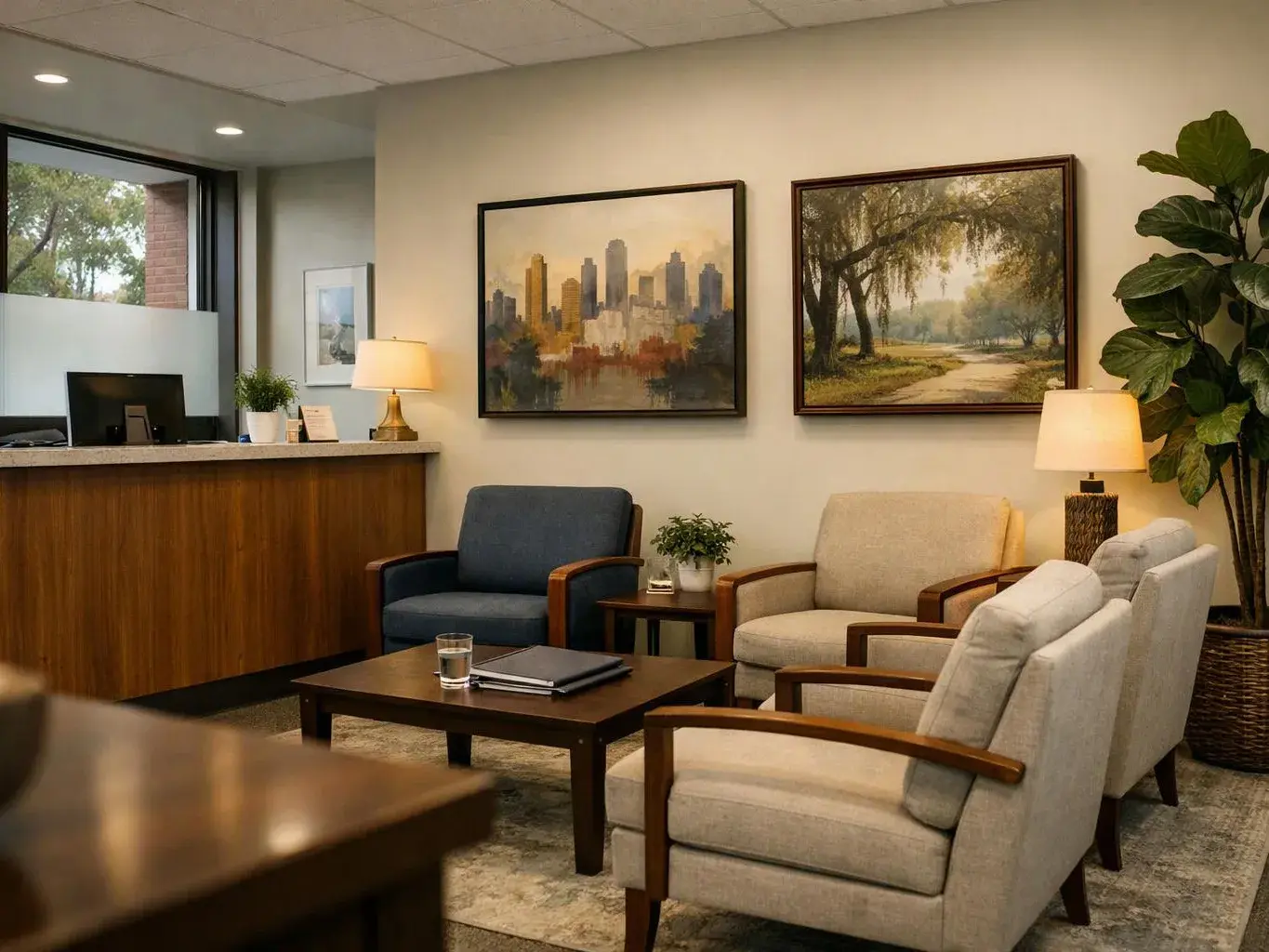 A quiet waiting room has armchairs, lamps, a coffee table, framed landscape art, and a front desk
