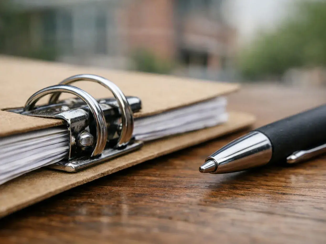 A ring binder notebook sits beside a black pen on a wooden table with a blurred background