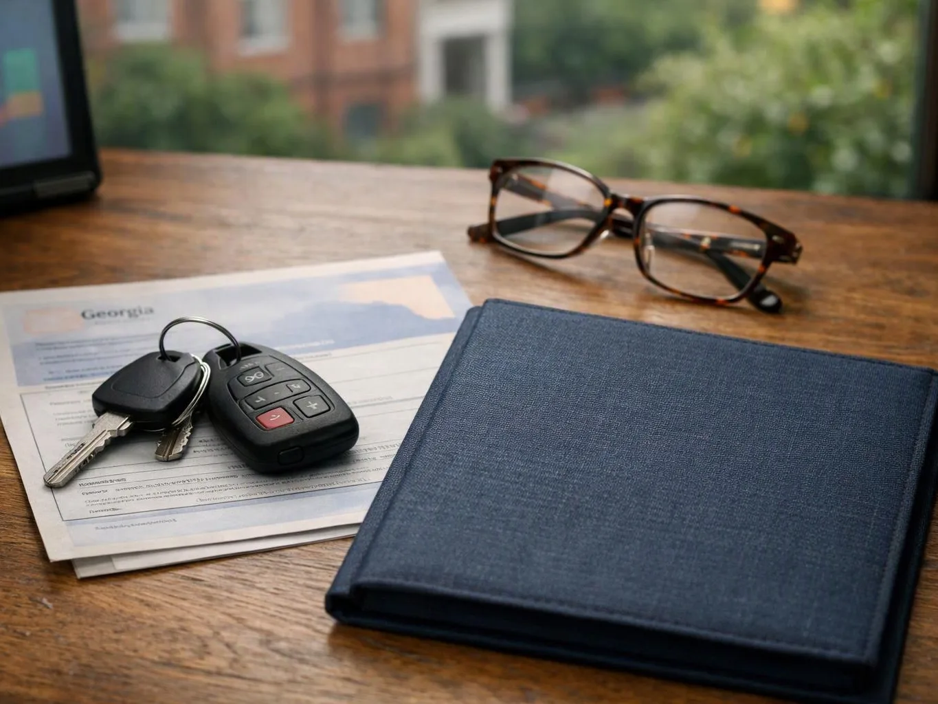 Car keys, glasses, a blue folder, and a form rest on a wooden table by a window