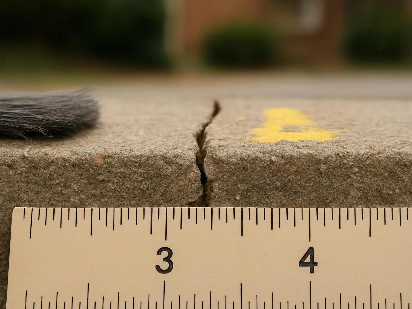 A ruler measures a crack in a concrete step beside a gray furry tail piece