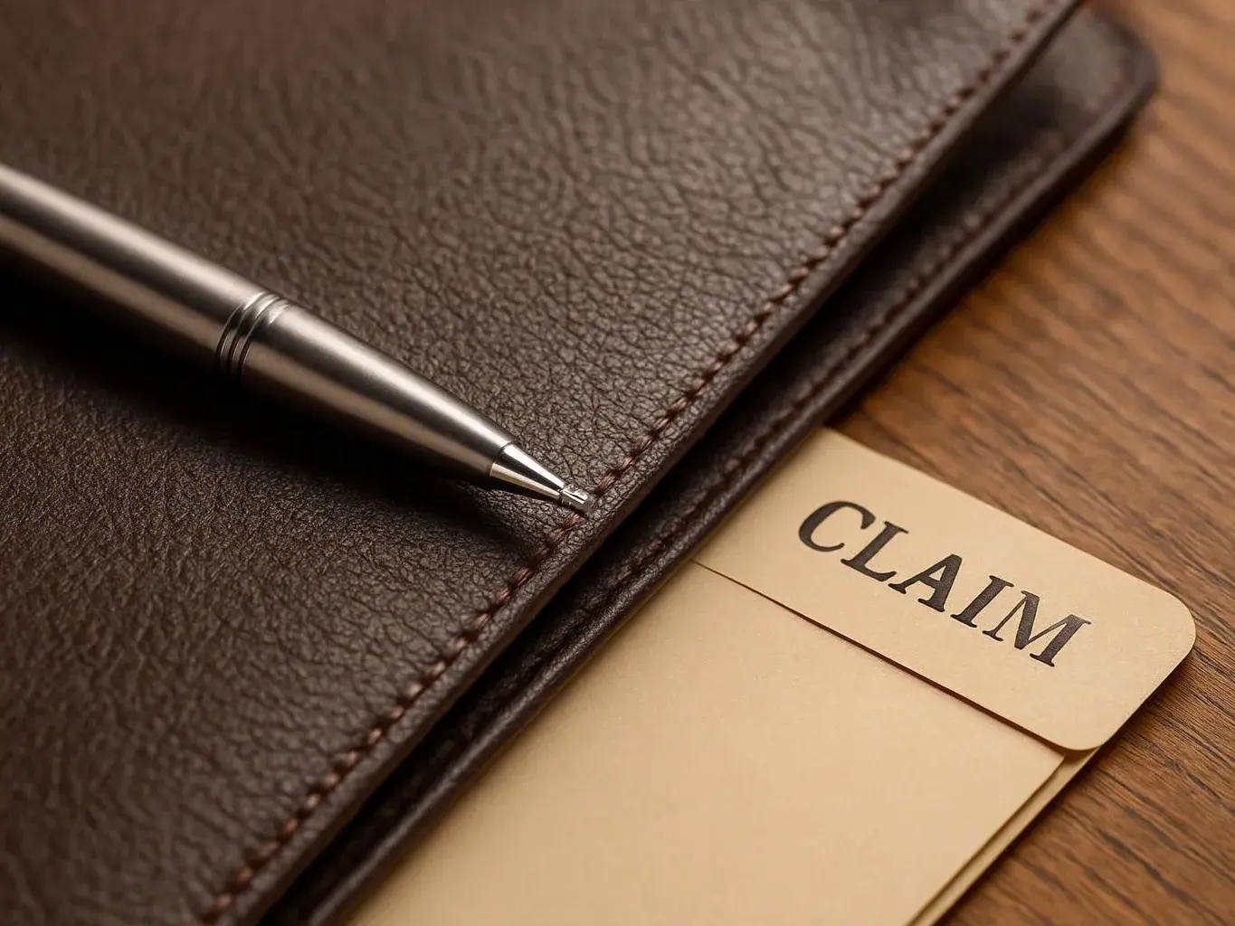 A silver pen rests on a brown leather folder beside a tan card labeled “CLAIM”