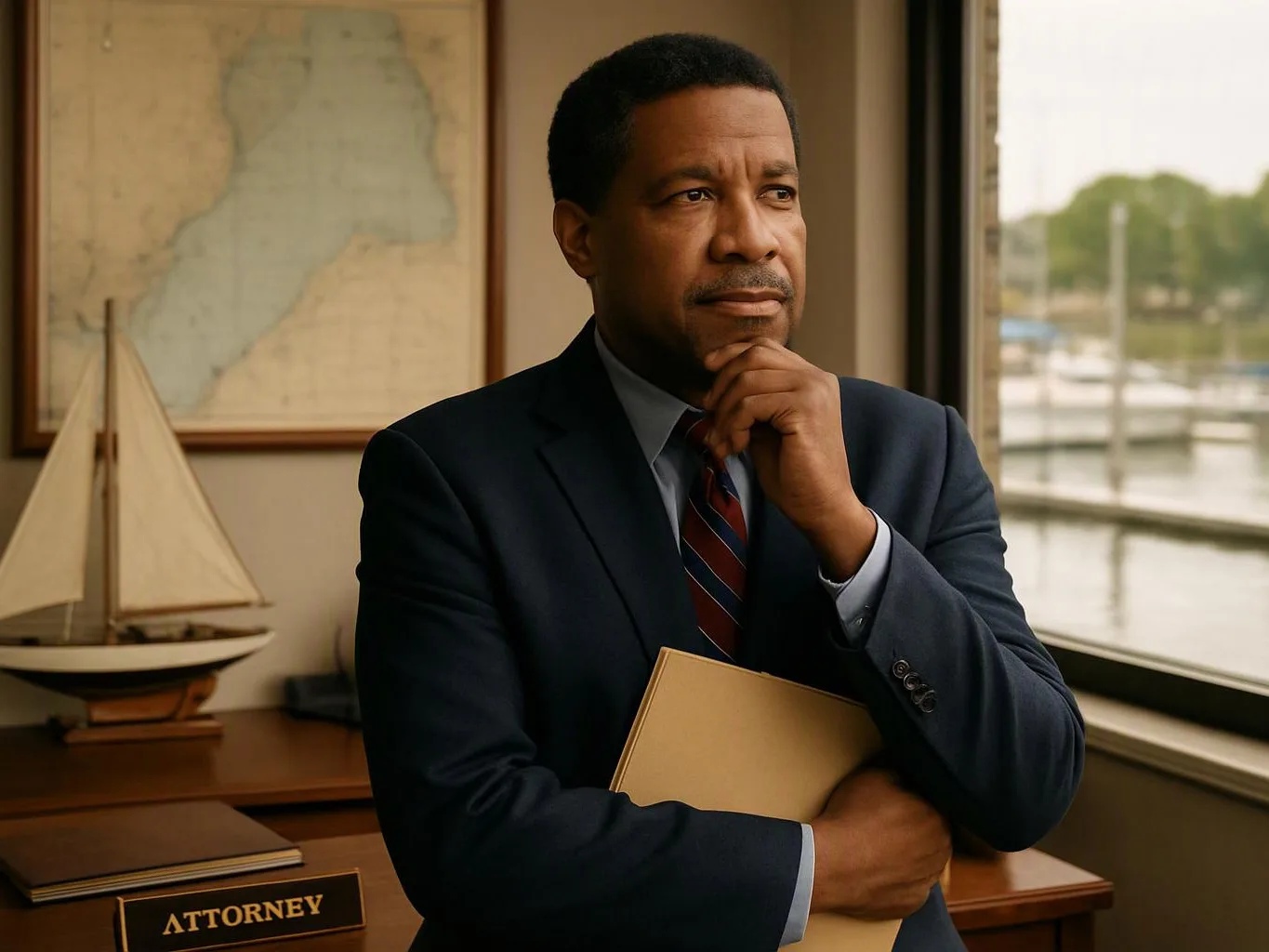 A man in a suit stands by a window, holding a folder and looking thoughtful in an office