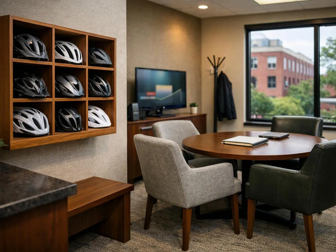 A small office lounge shows a helmet display, round table, chairs, TV, and a window view outside