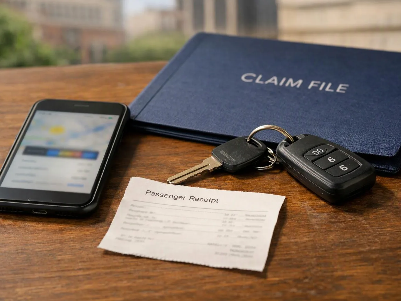 A smartphone, keys, a receipt, and a blue claim file lie on a wooden table