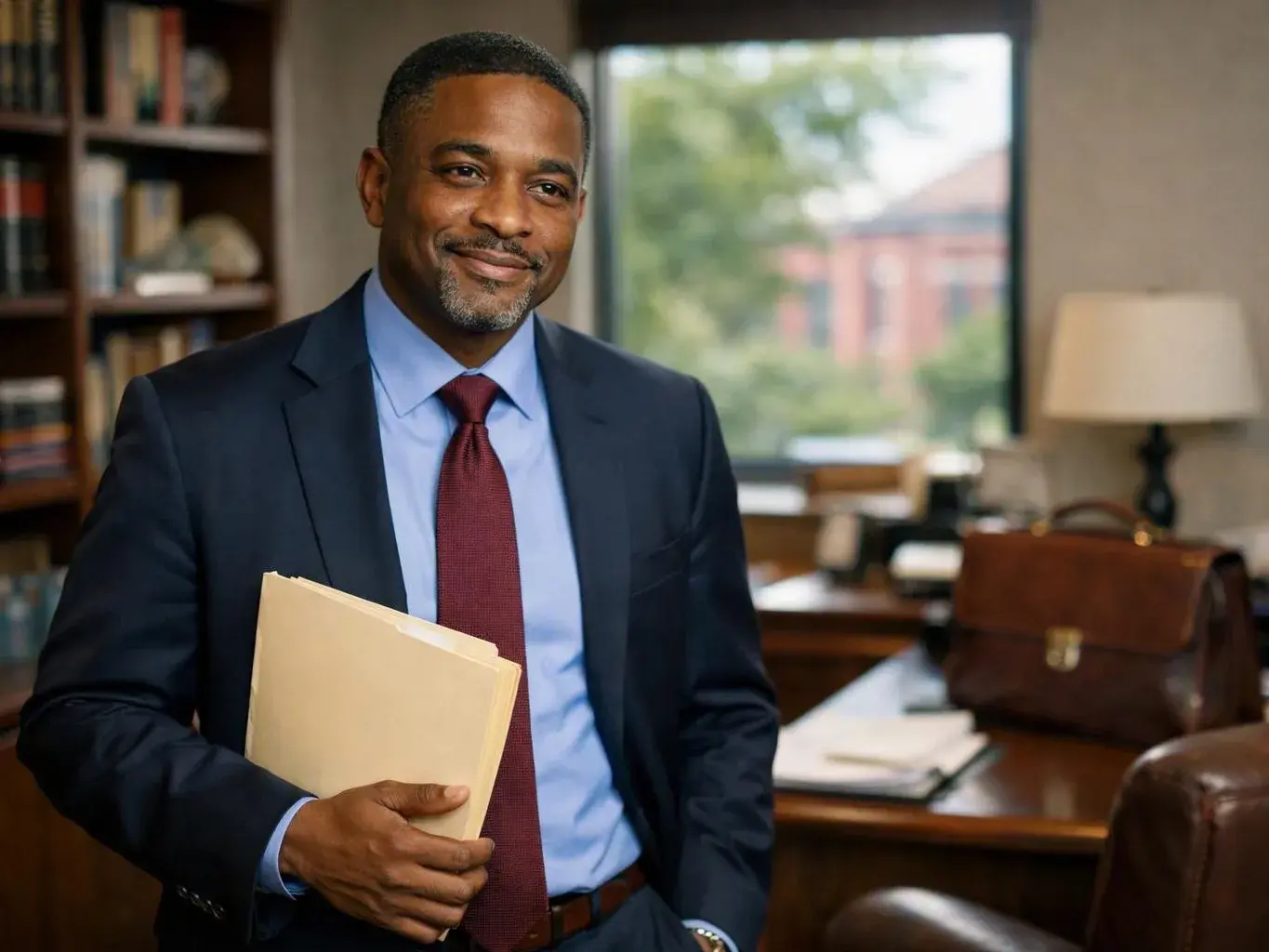 A smiling man in a suit holds folders in an office with bookshelves, a window, and a desk lamp