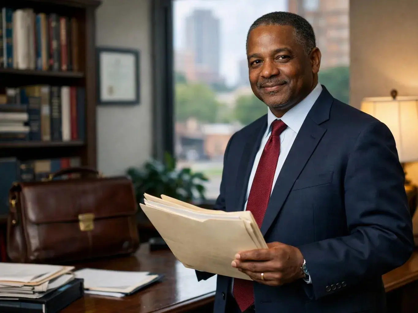 A smiling man in a suit holds papers in a bright office with bookshelves, a desk, and a window