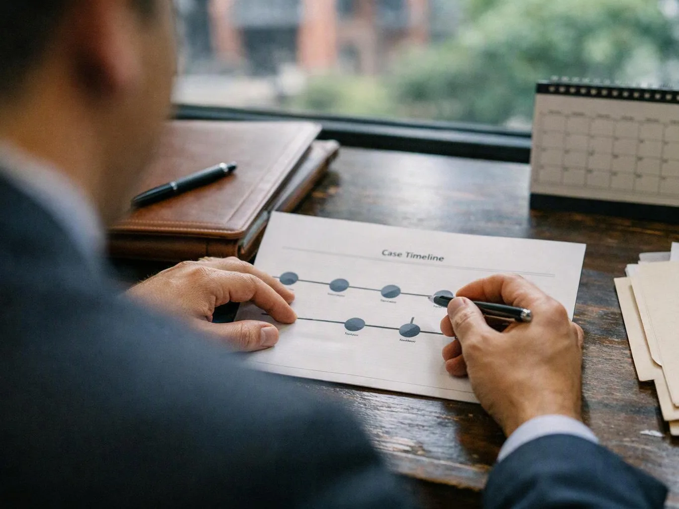 A person in a suit marks a case timeline sheet on a wooden desk beside folders and a small calendar