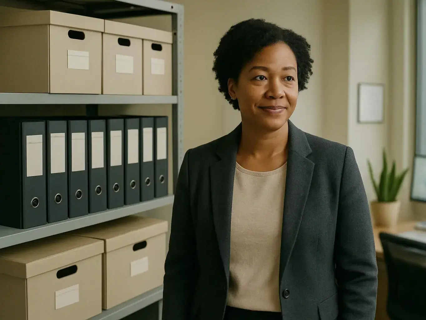 A smiling woman in a dark blazer stands beside shelves of labeled file boxes and binders in an office
