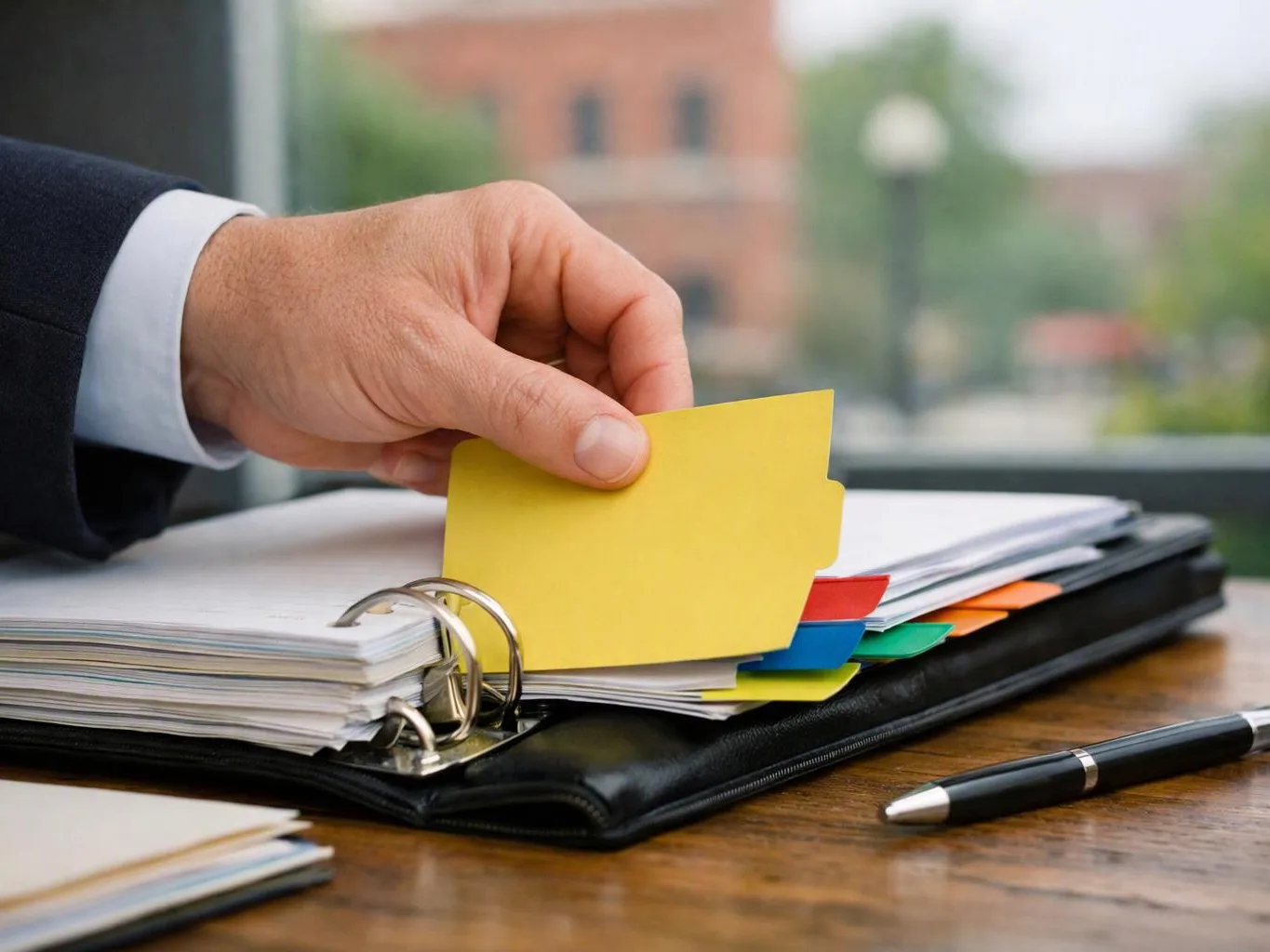 A suited hand flips a yellow tab in a ring binder beside papers and a pen on a desk