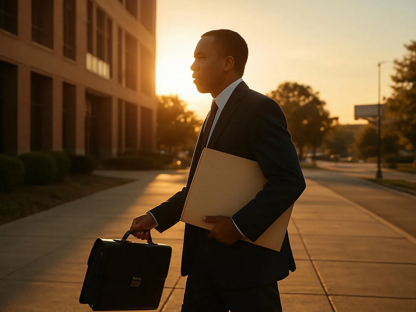 A suited man carries a briefcase and folder along a sunlit sidewalk beside a building at sunset