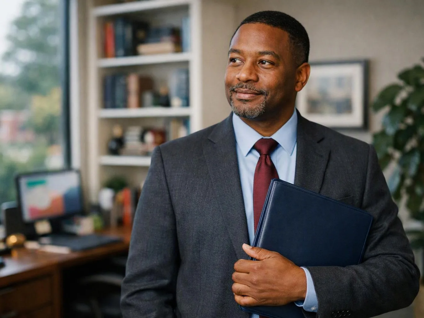 A suited man holds a blue folder in a tidy office with shelves, a desk, and a window behind him