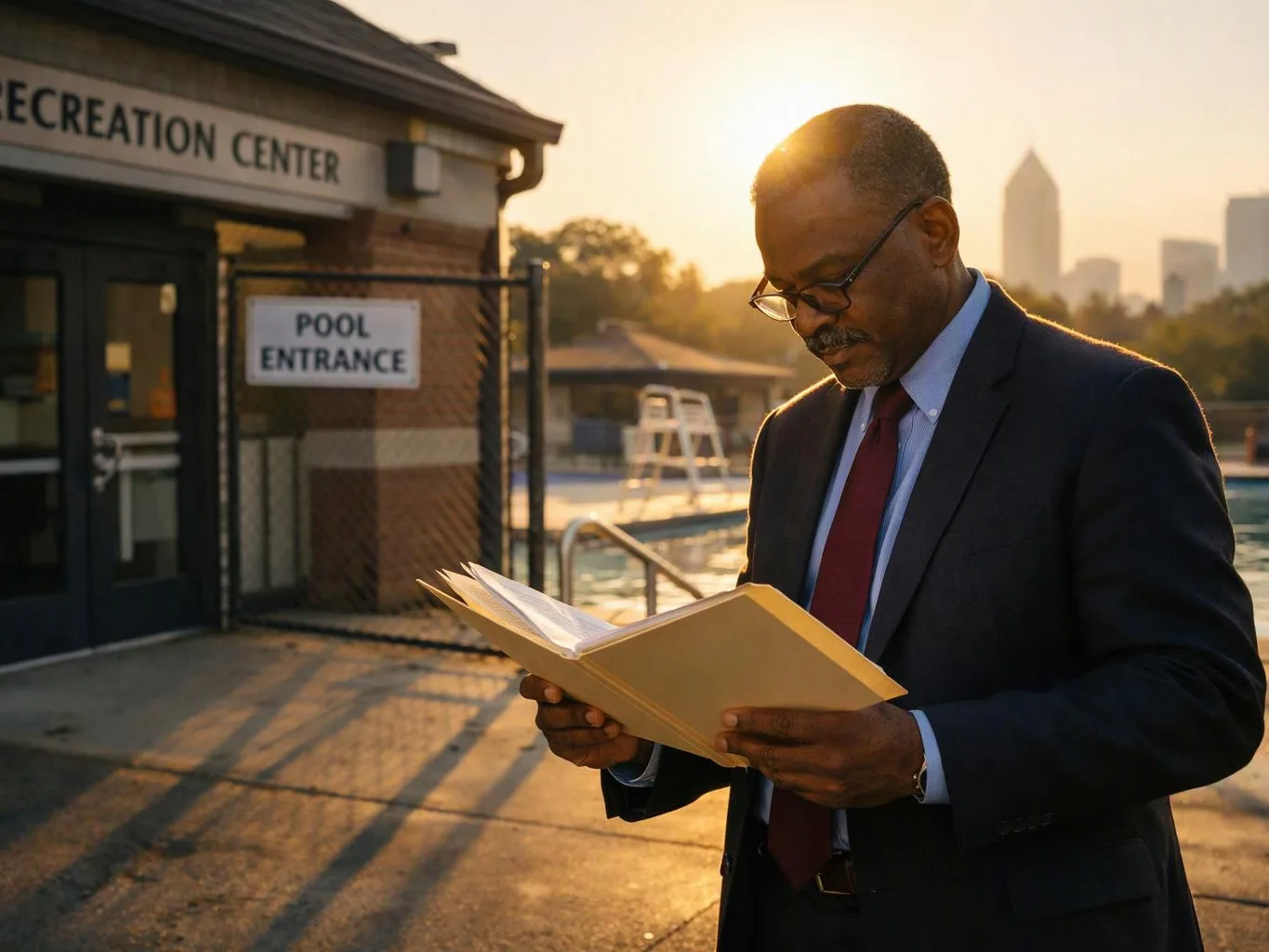 A suited man reads a folder beside a pool entrance at sunset