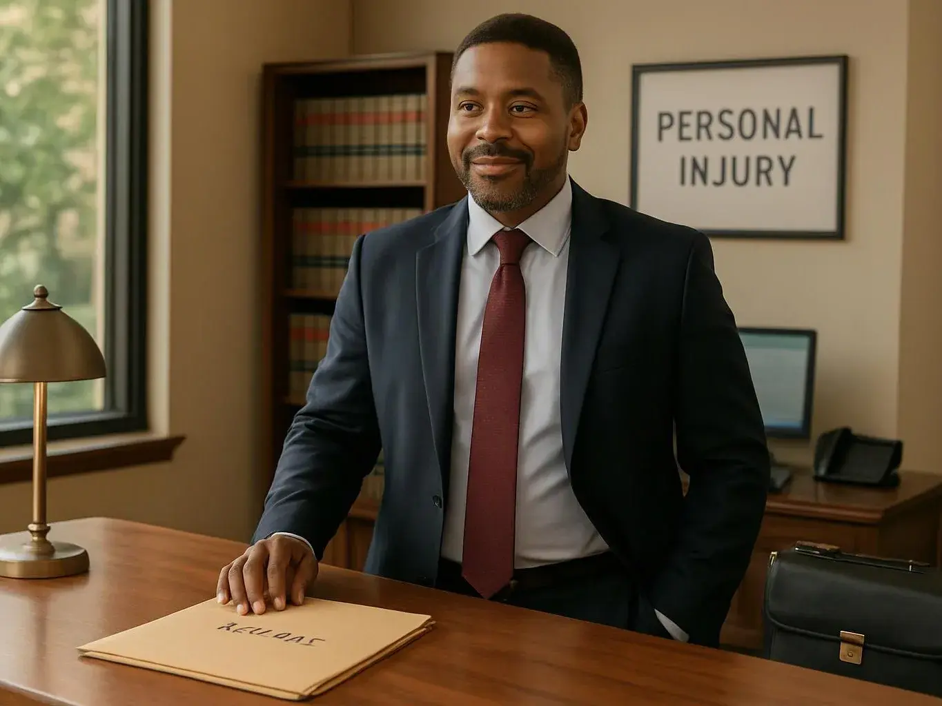 A suited man stands at a desk in an office, with a “PERSONAL INJURY” sign behind him