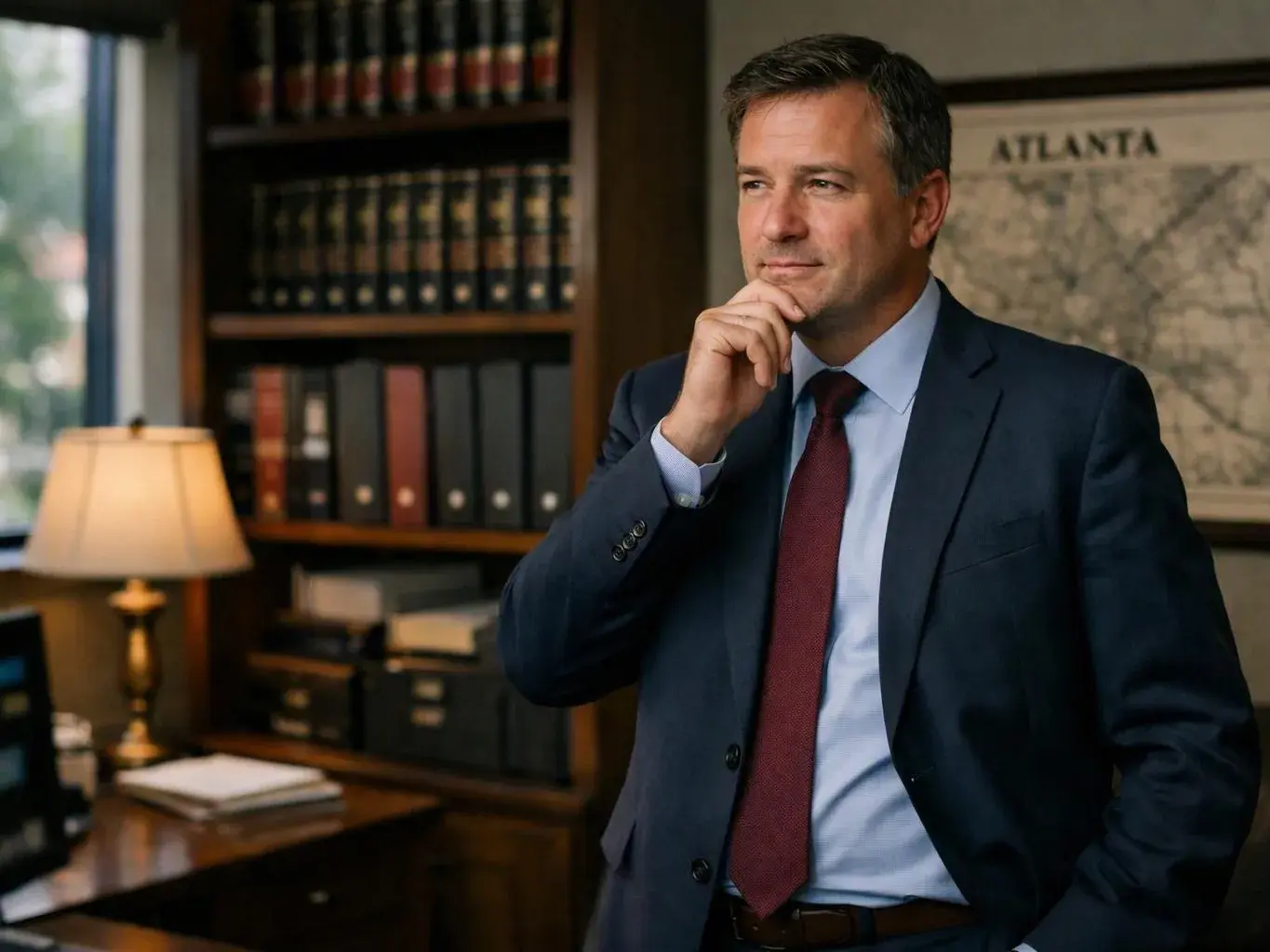 A suited man stands in an office, resting his chin on his hand beside bookshelves and a lamp