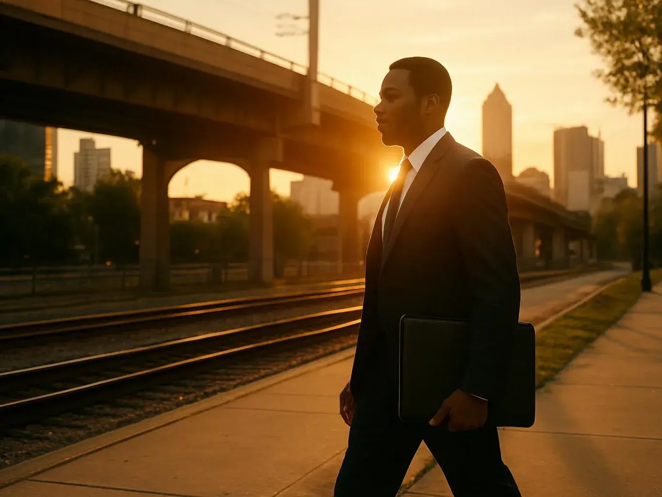 A suited man walks beside train tracks at sunset, carrying a laptop case under an overpass