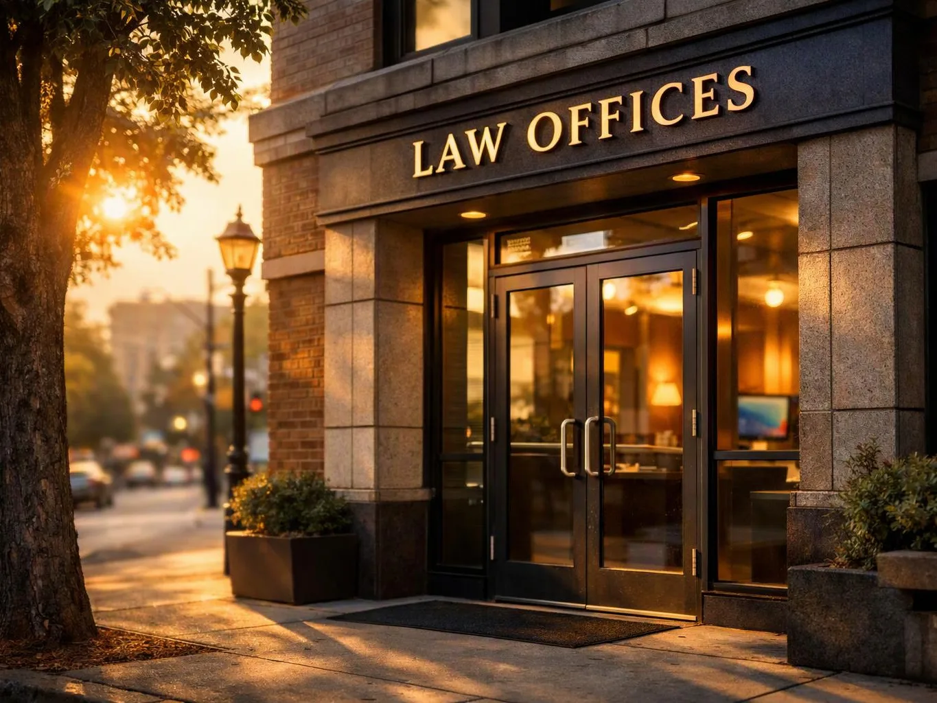 Sunset light falls on a law office entrance with glass doors and glowing interior lights