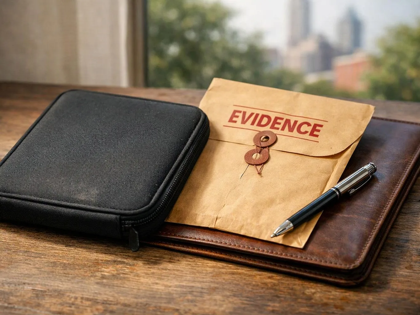 A tan evidence envelope, black zip case, and pen rest on a leather pad by a window