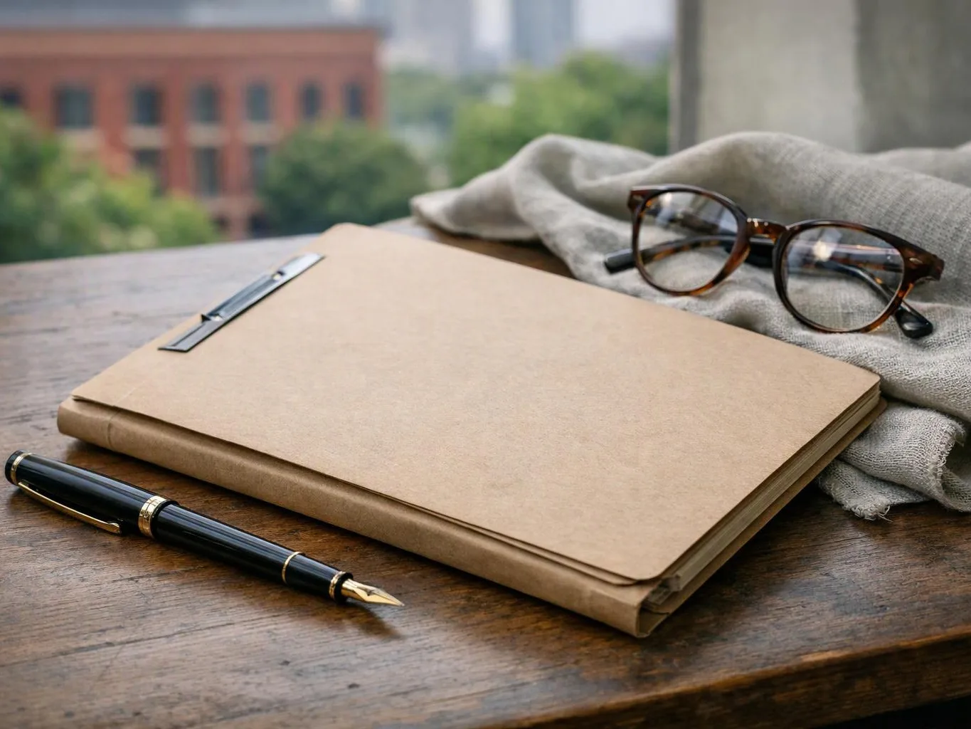 A tan folder, fountain pen, and tortoiseshell glasses rest on a wooden table by a window