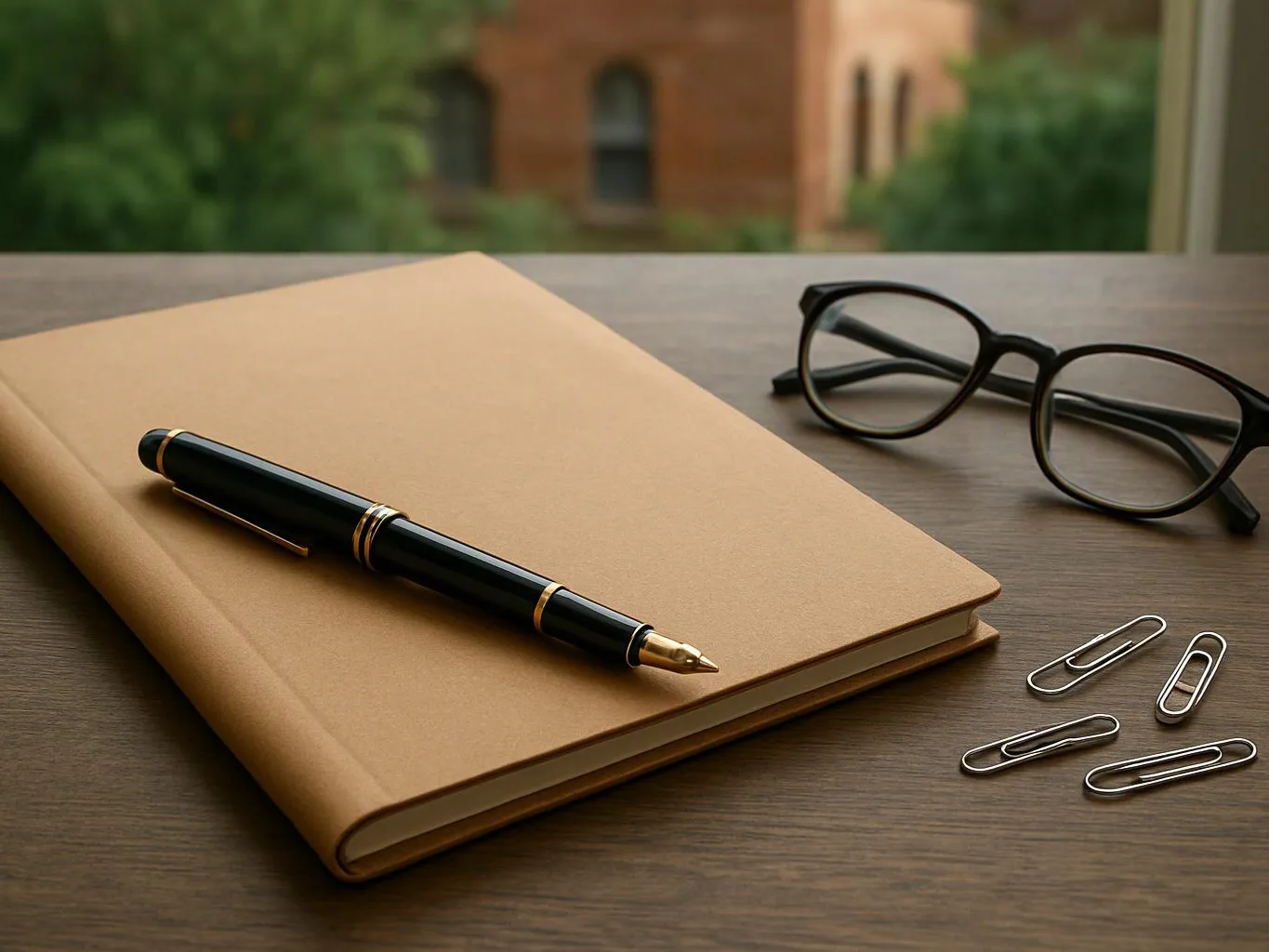 A tan notebook, black pen, eyeglasses, and paper clips rest on a wooden table near a window