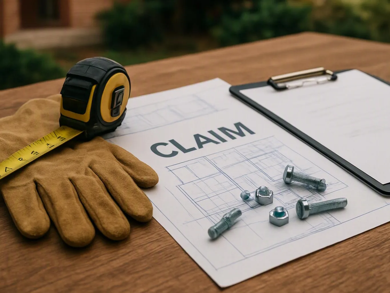 Tape measure, work glove, bolts, and a clipboard rest beside a claim form on a wooden table