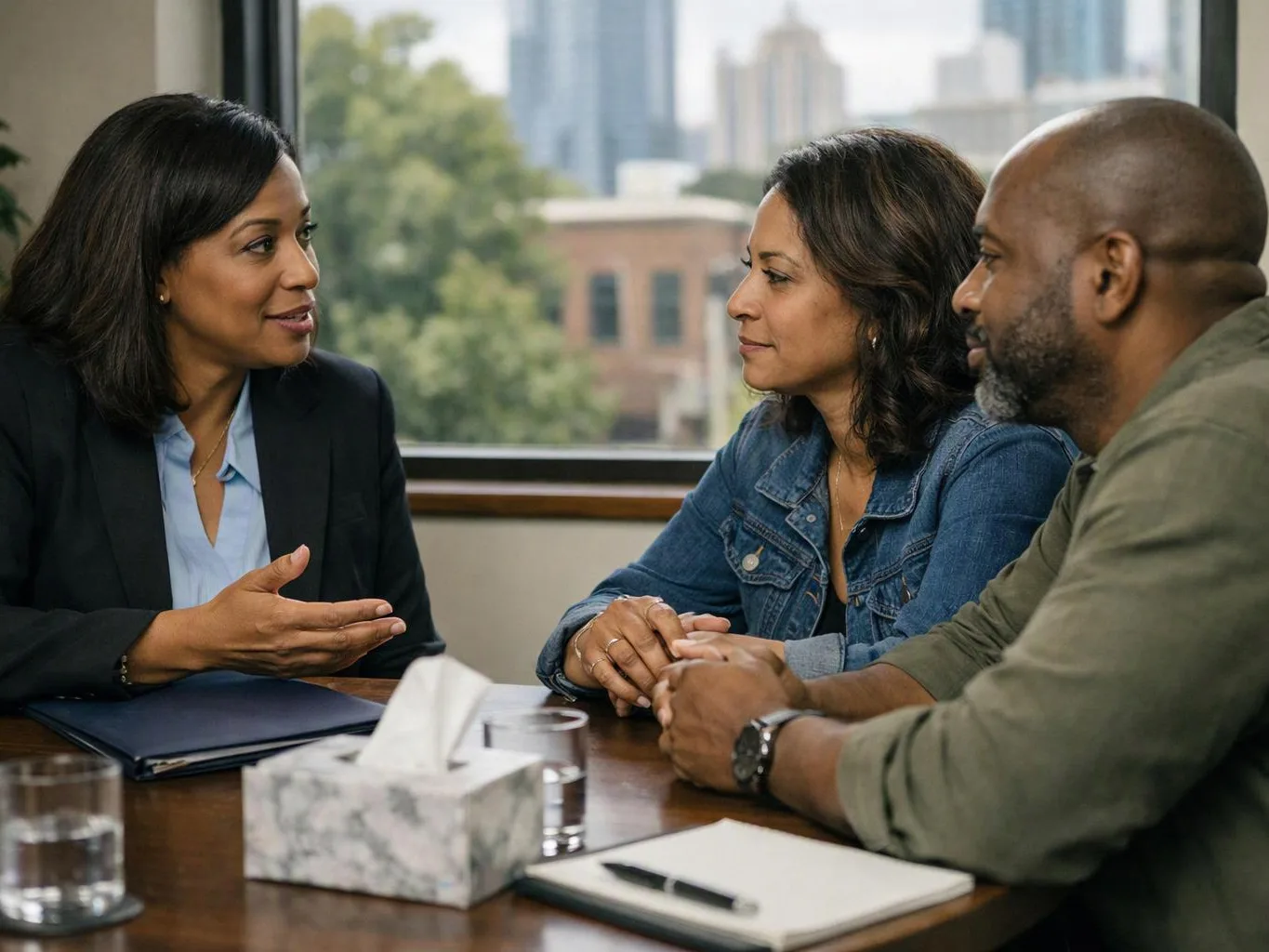 Three adults sit at a table in a meeting room, talking with papers and notebooks between them