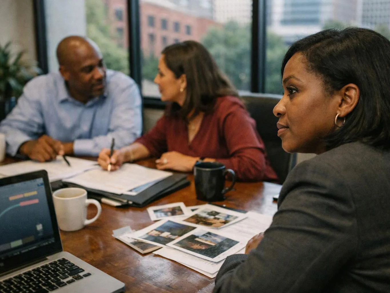 Three coworkers sit at a table reviewing papers and photos during a meeting in a glass-walled office