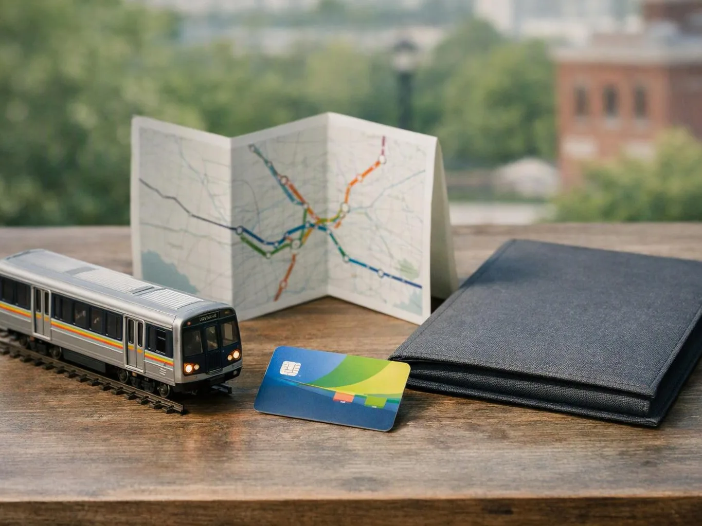 A toy train, folded transit map, card, and dark wallet sit on a wooden table outdoors
