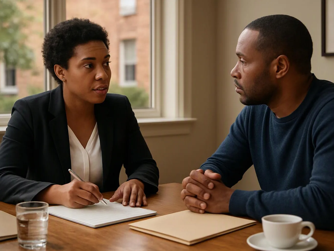 Two adults sit across a wooden table, one taking notes while they talk in a bright room