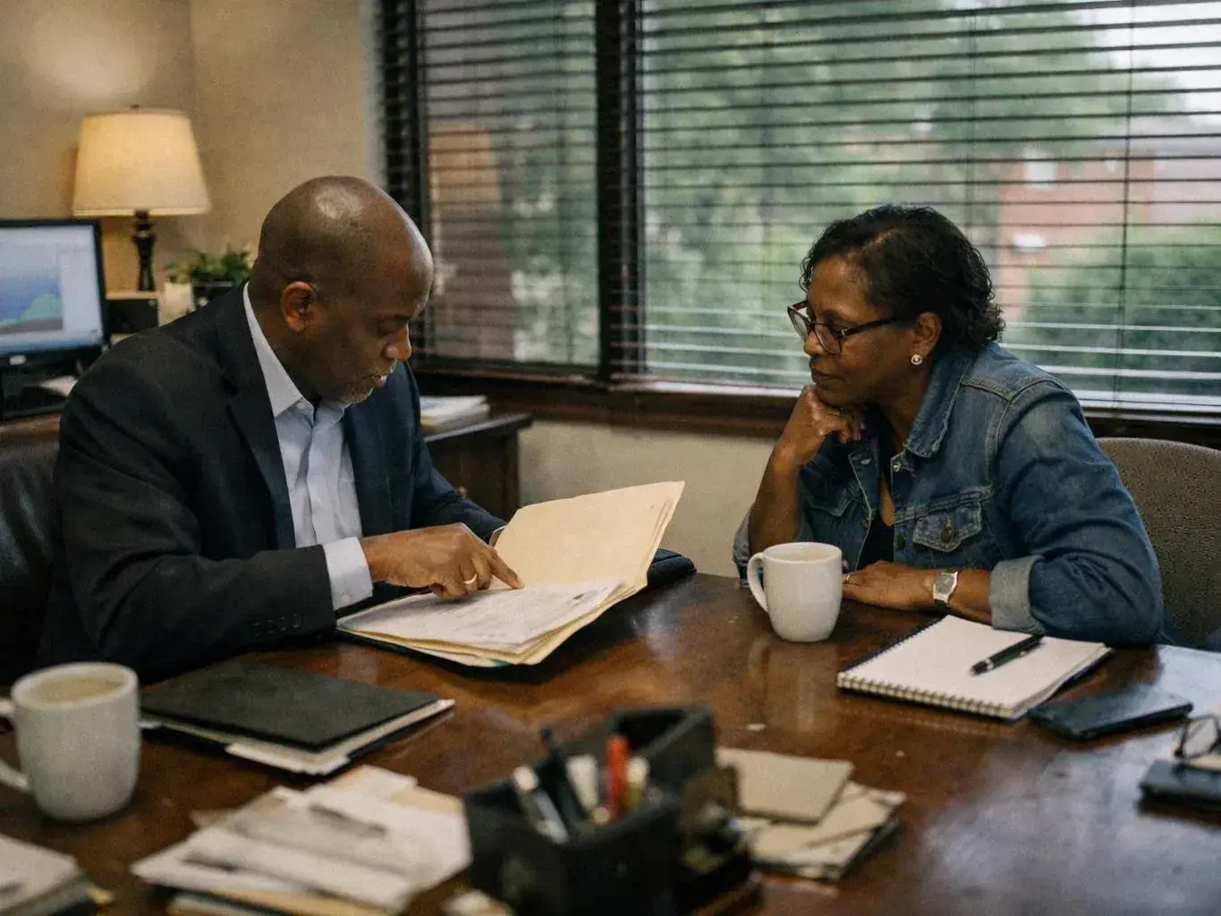 Two adults sit at a desk in an office, reviewing papers and talking over coffee