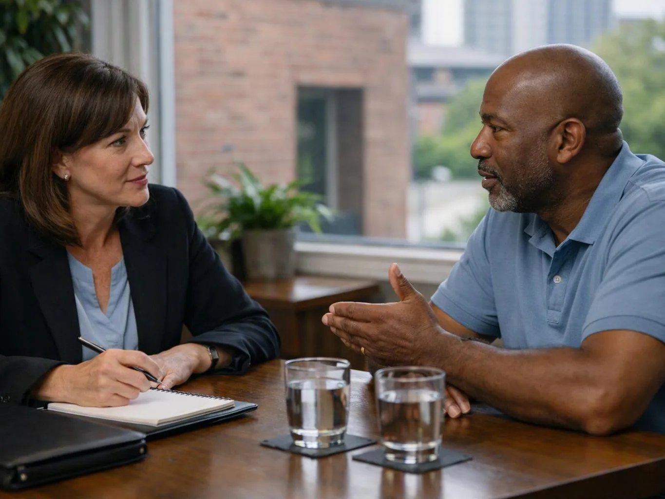 Two adults sit at a table in a bright office, talking with notebooks and water glasses in front of them