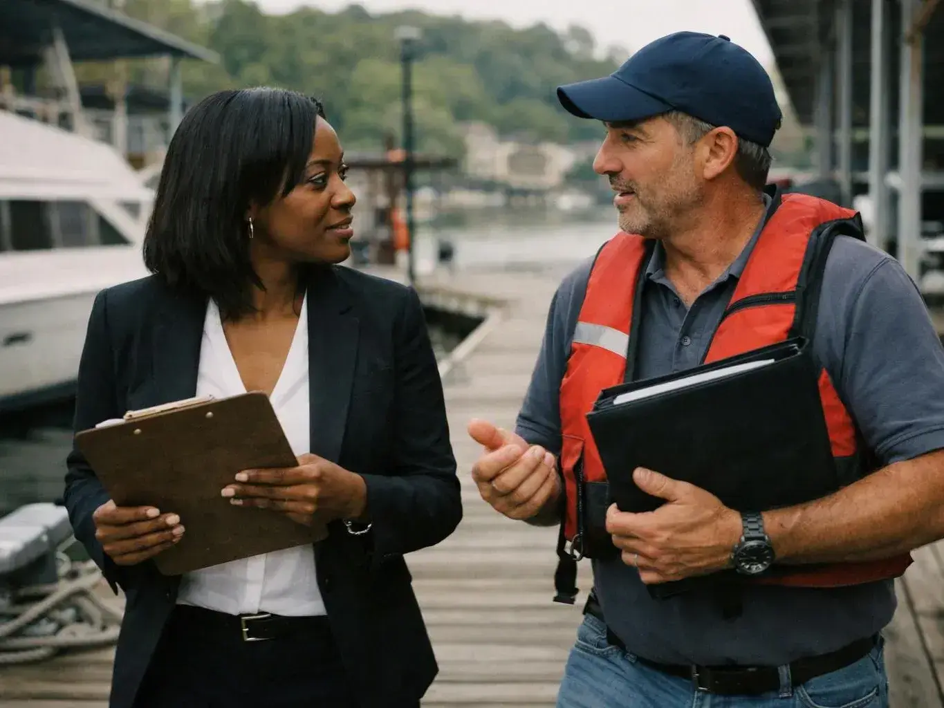 Two adults talk on a marina dock, each holding a clipboard, with boats and calm water behind them