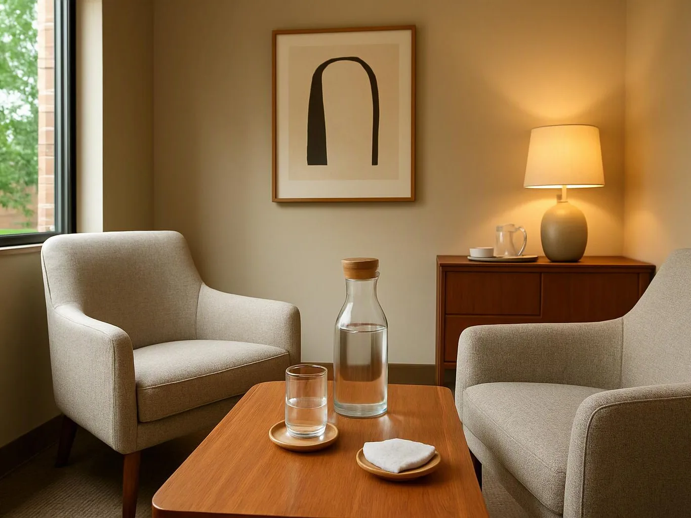 Two beige armchairs sit around a wooden table with a water carafe and glass in a warm, quiet room
