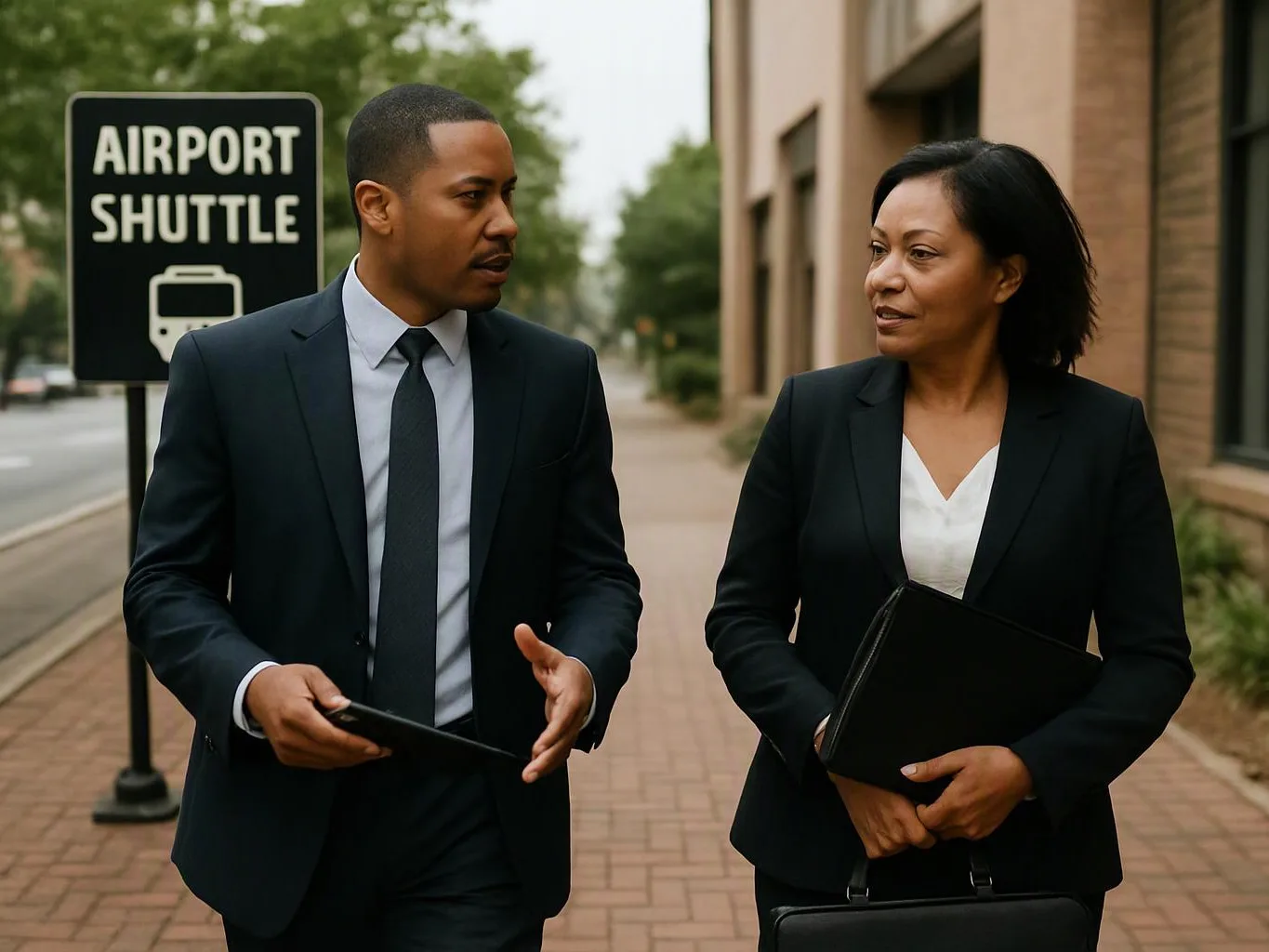 Two businesspeople walk past an airport shuttle sign, talking on a brick sidewalk