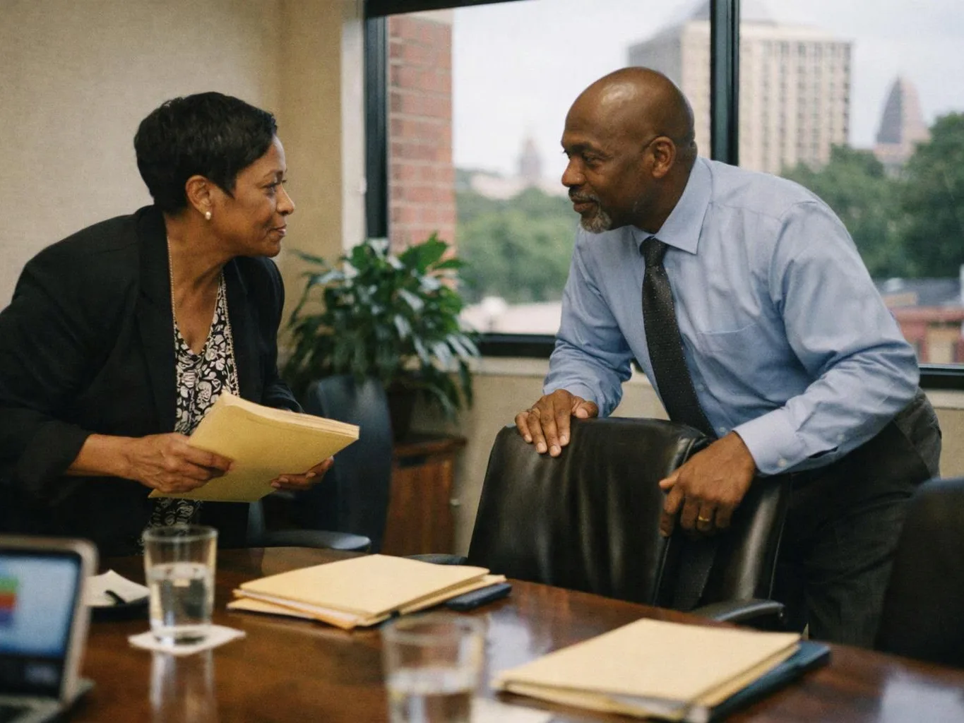 Two coworkers lean toward each other in a meeting room, talking beside a table with folders and water glasses