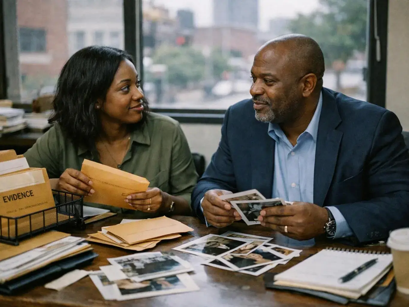 Two coworkers review evidence photos and manila envelopes at a cluttered desk in an office