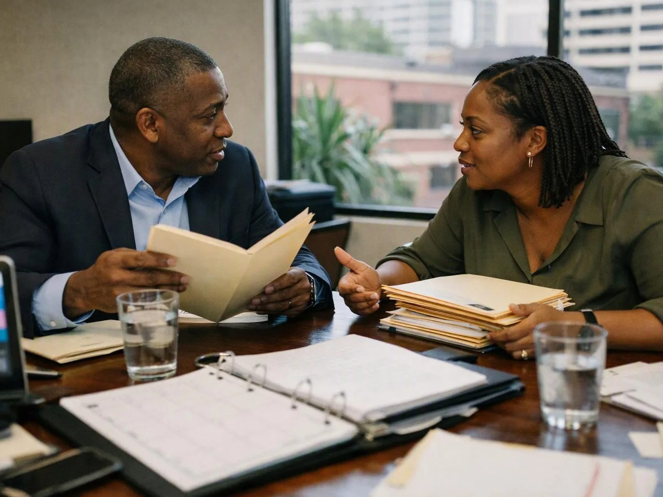 Two coworkers sit at a conference table, talking over folders and papers in a bright office