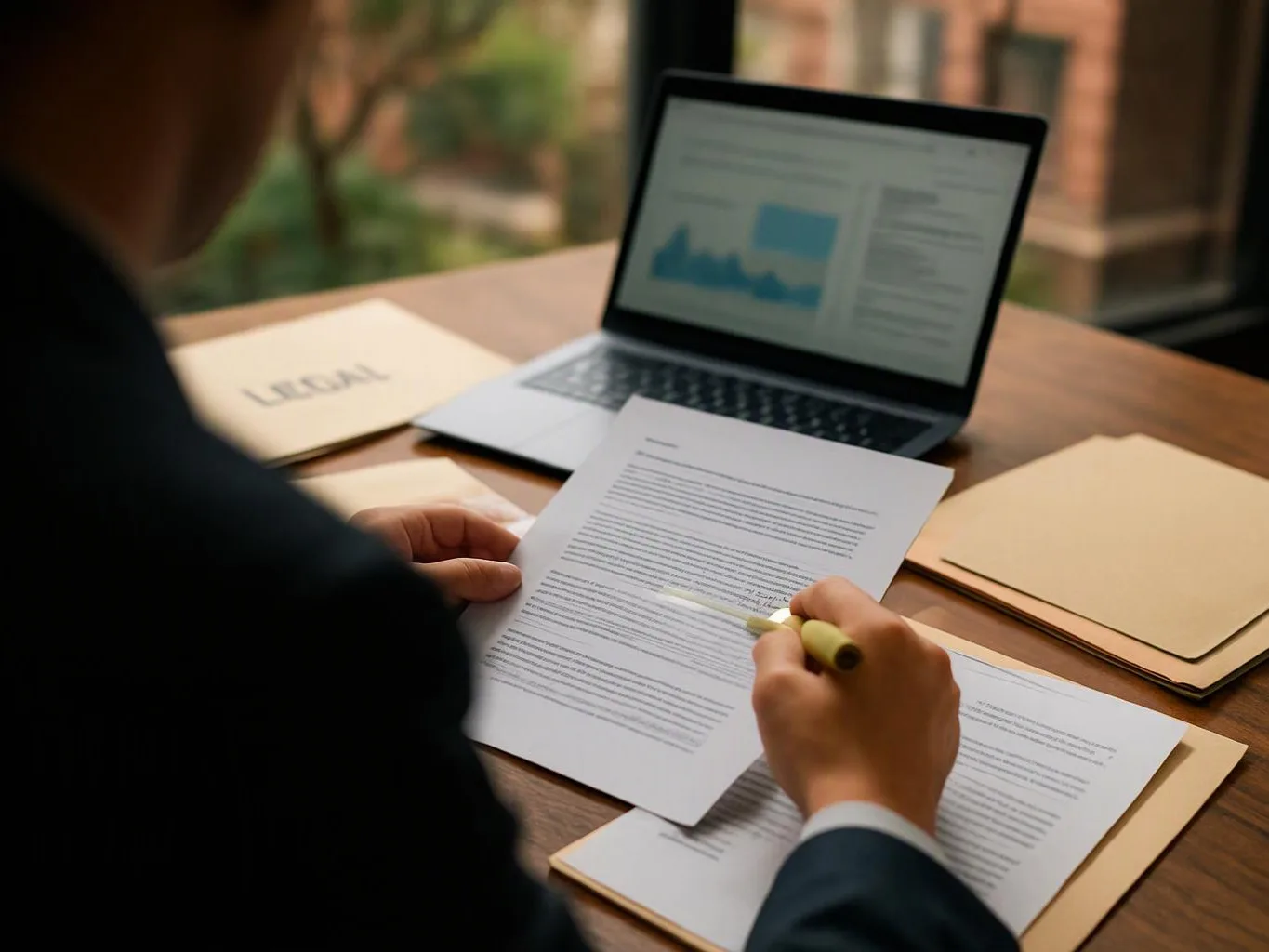 A person in a suit reviews legal papers and marks a document beside a laptop on a wooden desk